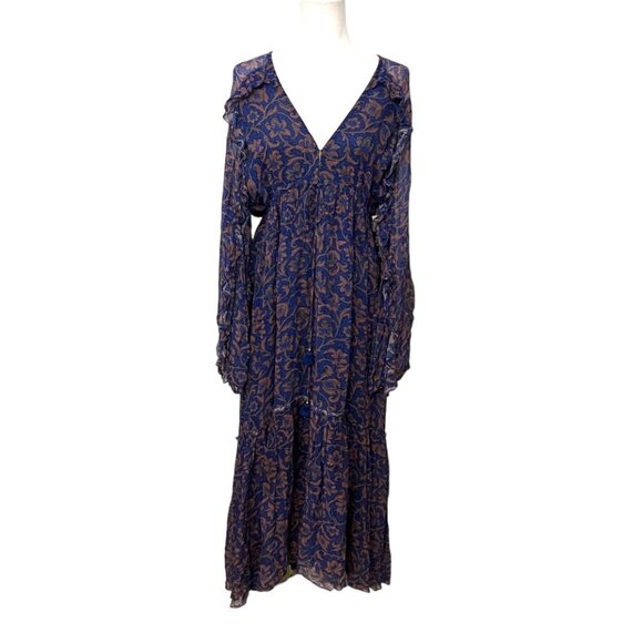 Figue Dresses & Skirts - Figue Bohemian Maxi Dress M Floral Tassel Ruffle Sleeve Sheer Long Sleeve